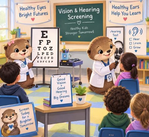 Vision and Hearing Screening Cartoon Otters performing vision and hearing screening tests