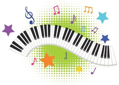 piano illustration of a keyboard with music notes